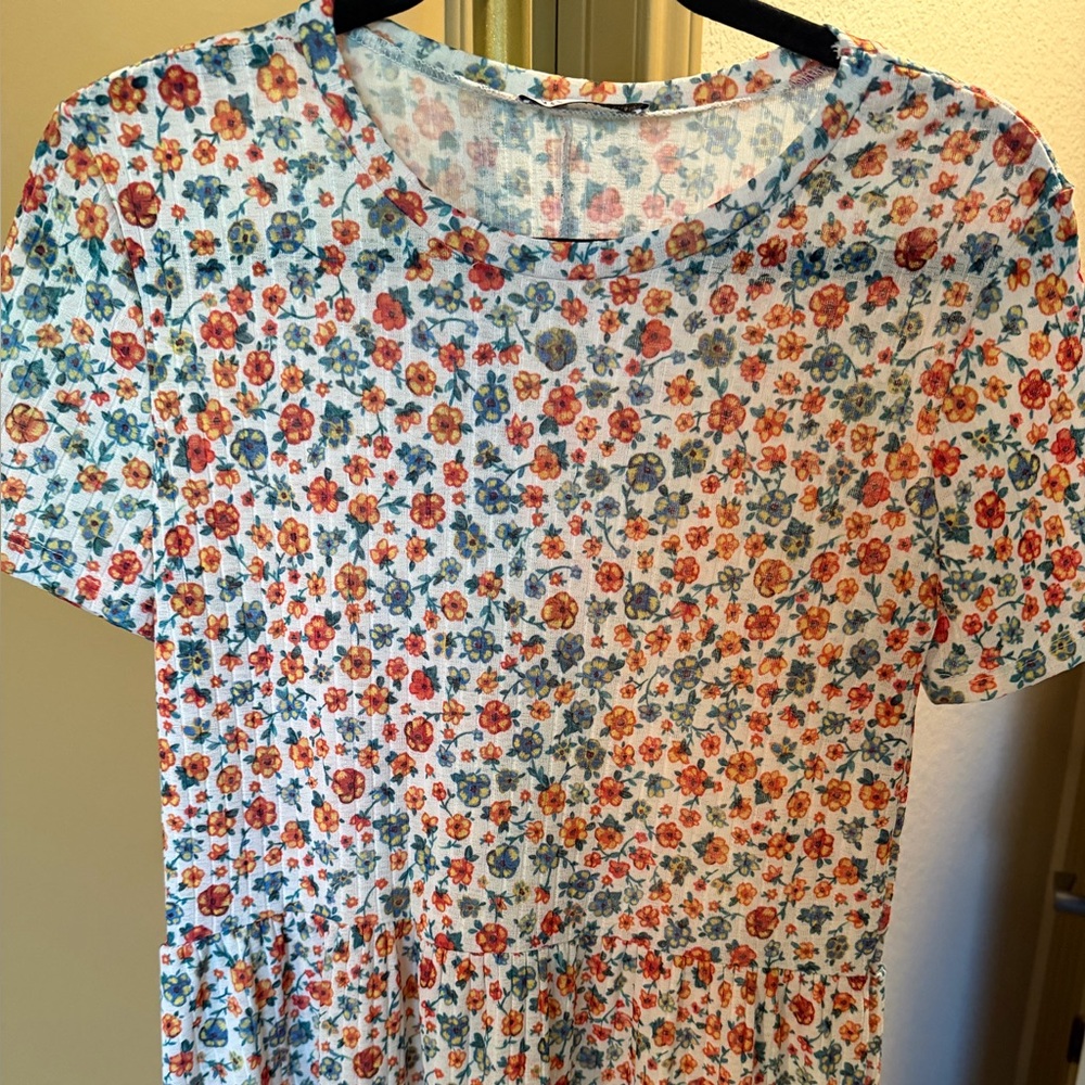 Zara White Dress with Red and Blue Floral Print